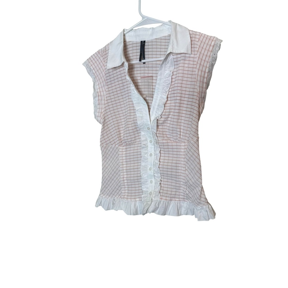 Blouse Womens Medium Pink Stripe Collared Button Front Ruffle Hem Cap Sleeve Top
